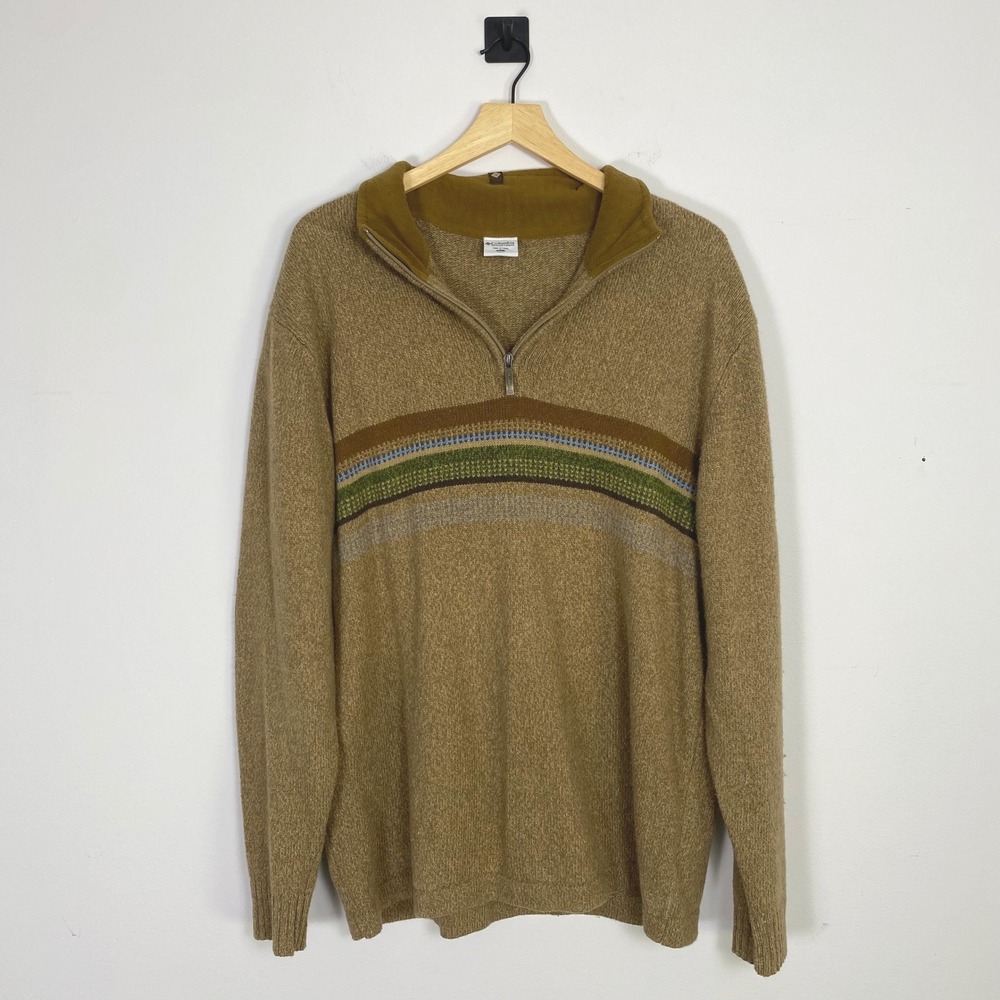 Columbia Sportswear Company Men's XL Tan Striped‎ 1/4 Zip Wool Blend Sweater